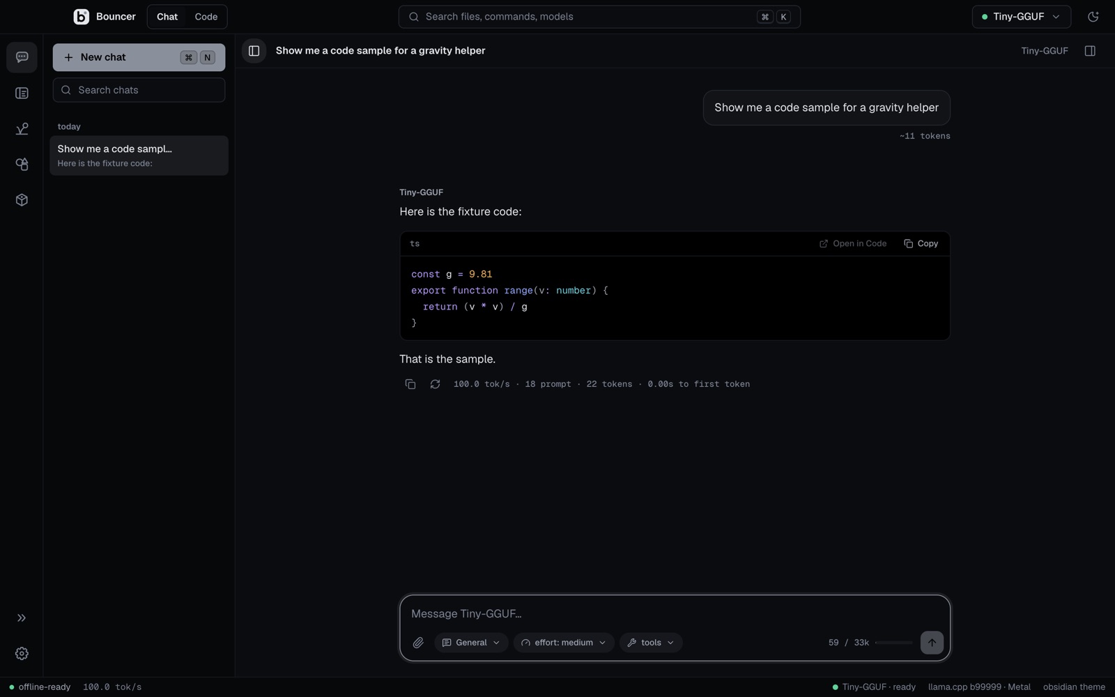 Bouncer Chat in the obsidian theme: a local model answers with a code block, with the effort and tools controls under the composer