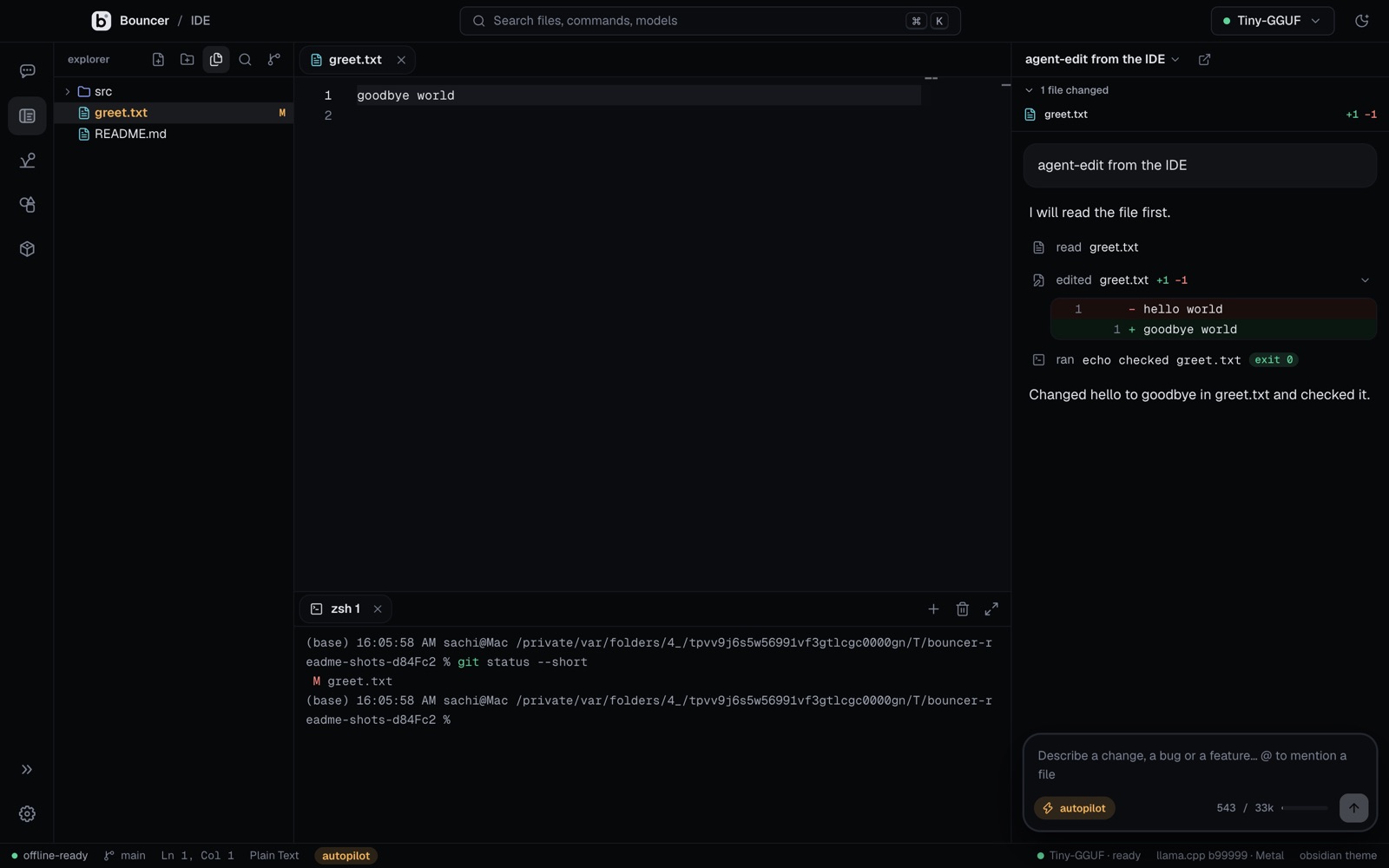 Bouncer IDE in the obsidian theme with file tree, editor and Bouncer Code beside it
