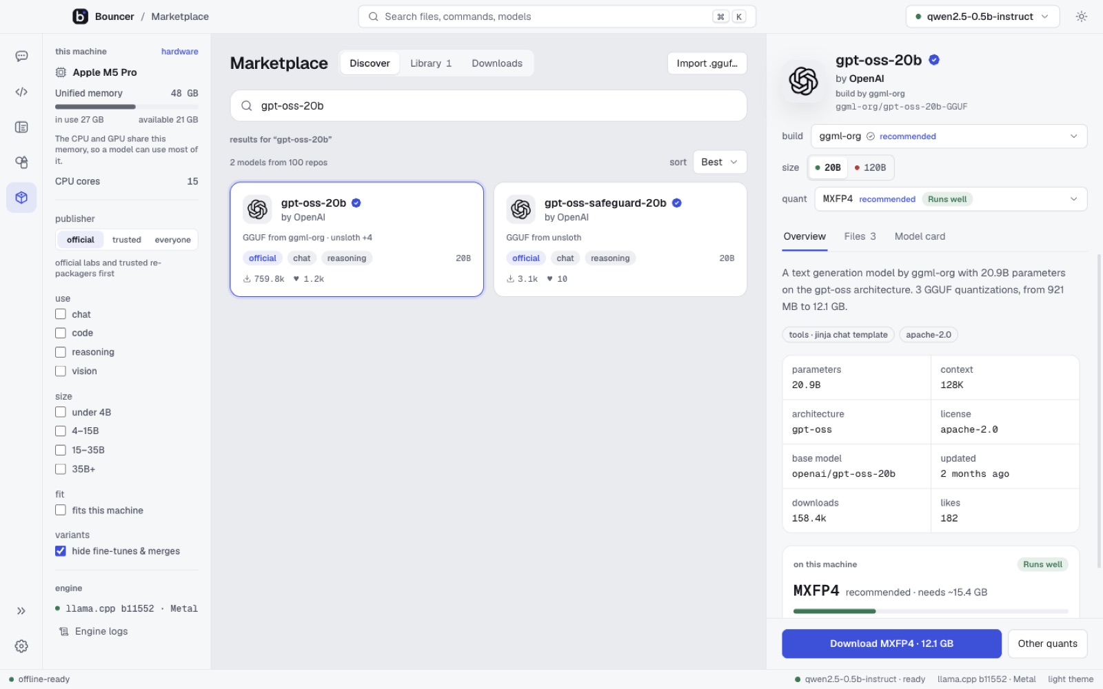 Marketplace model detail in the light theme, showing sizes, a quant picker and a memory estimate