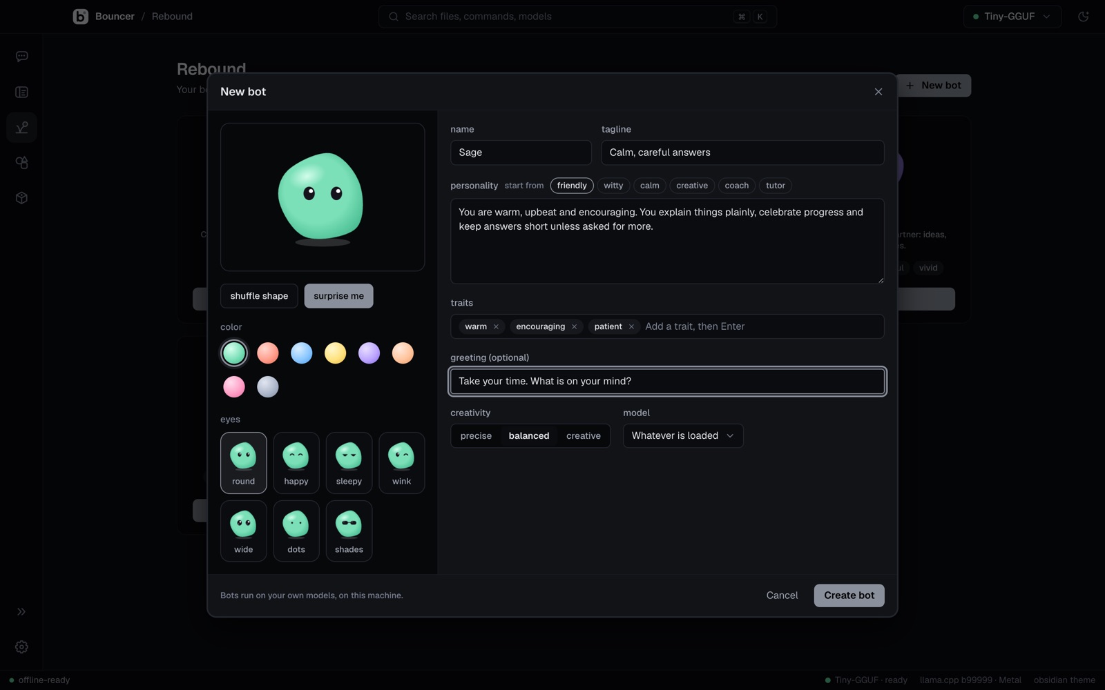Rebound bot builder in the obsidian theme, with name, personality and avatar fields
